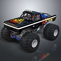 Black Monster Truck With Flame Graphics Large Off Road Tires And Roof Mounted Lights