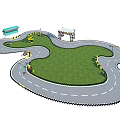 Fun Kids Driving Track Playground Equipment With Curved Roads Green Grass Area And Entry Gate