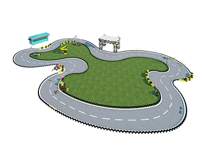 Fun Kids Driving Track Playground Equipment With Curved Roads Green Grass Area And Entry Gate 3d model