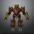 Mechanical Robot Character With Yellow Red Silver Armor And Detailed Mechanical Parts