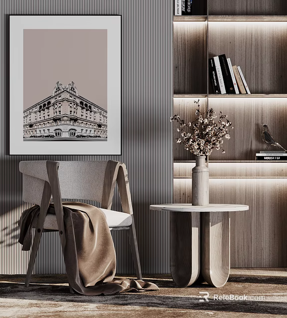 Modern Leisure Chair In Cozy Interior With Artwork Bookshelf Side Table And Dried Flowers 3d model 