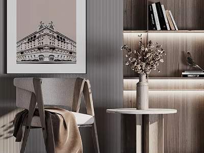 Modern Leisure Chair In Cozy Interior With Artwork Bookshelf Side Table And Dried Flowers 3d model