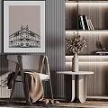 Modern Leisure Chair In Cozy Interior With Artwork Bookshelf Side Table And Dried Flowers