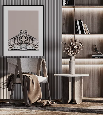 Modern Leisure Chair In Cozy Interior With Artwork Bookshelf Side Table And Dried Flowers 3d model