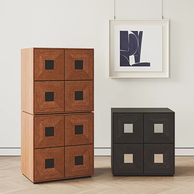 Wooden and Black Chest of Drawers with Square Drawers and Framed Artwork in Minimalist Room 3d model