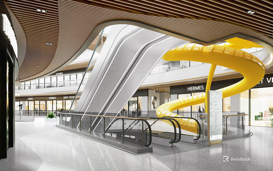 Modern Shopping Mall Interior With Escalators Yellow Slide Modern Ceiling And Shops 3d model