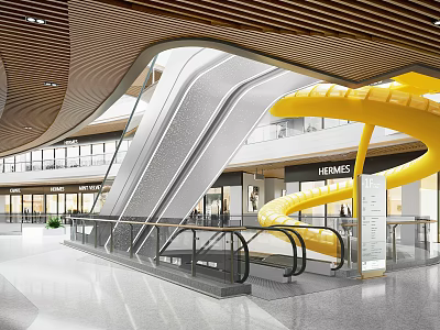 Modern Shopping Mall Interior With Escalators Yellow Slide Modern Ceiling And Shops 3d model
