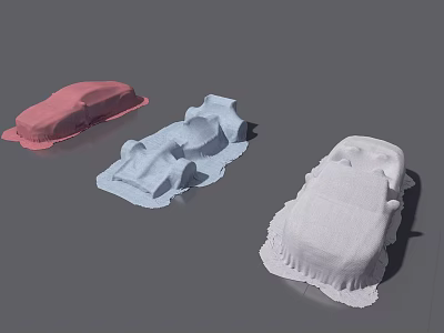 Three Colored Car Models On Gray Background With Pink Light Blue And White 3d model