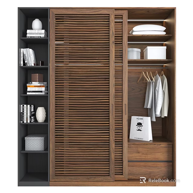Modern Wooden Wardrobe Interior Design With Sliding Door Storage Bookshelf Hanging Area And Drawers 3d model 