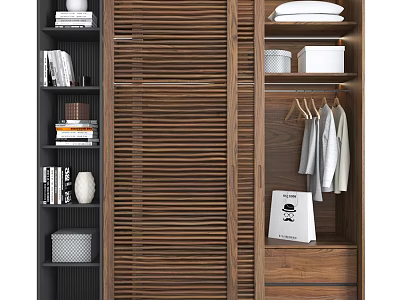 Modern Wooden Wardrobe Interior Design With Sliding Door Storage Bookshelf Hanging Area And Drawers 3d model
