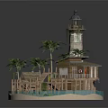 Picturesque Wooden House By Water With Lighthouse Palm Trees And Wooden Walkway
