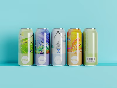 Five Colorful Beverage Cans With Different Patterns And Flavor Labels On Light Blue Background 3d model