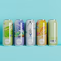 Five Colorful Beverage Cans With Different Patterns And Flavor Labels On Light Blue Background