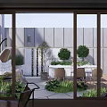 Courtyard Garden Outdoor Dining Space With Marble Table White Chairs Green Plants And Modern Fountain