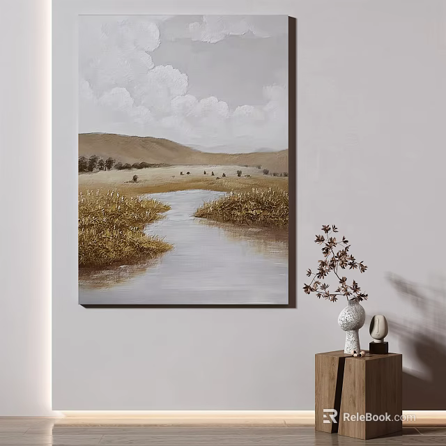 Landscape Painting Featuring Flowing Stream Through Grassland And Distant Hills Under Cloudy Sky 3d model
