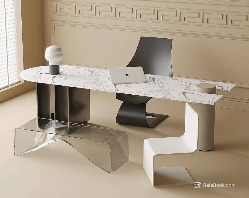 Modern Table and Chair Set with Marble Top and Stylish Metal Base Design 3d model 