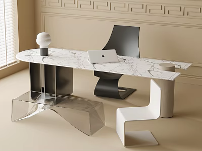 Modern Table and Chair Set with Marble Top and Stylish Metal Base Design 3d model