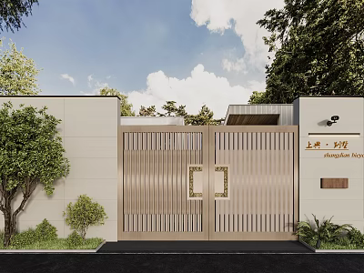 Modern Wooden Entrance Gate with Vertical Slats Surrounded by Greenery Light-colored Wall and Blue Sky 3d model