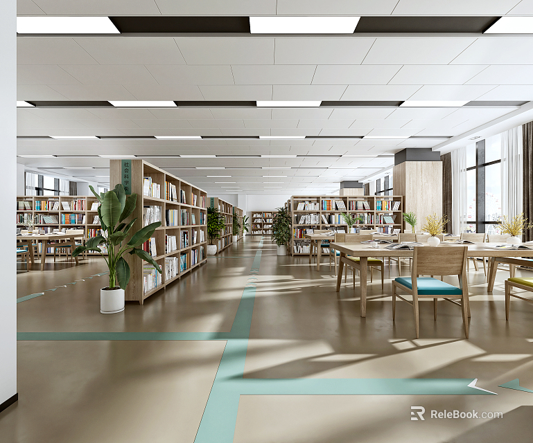 Modern Library Interior Art Design With Bookshelves Plants And Wooden Tables 3d model 