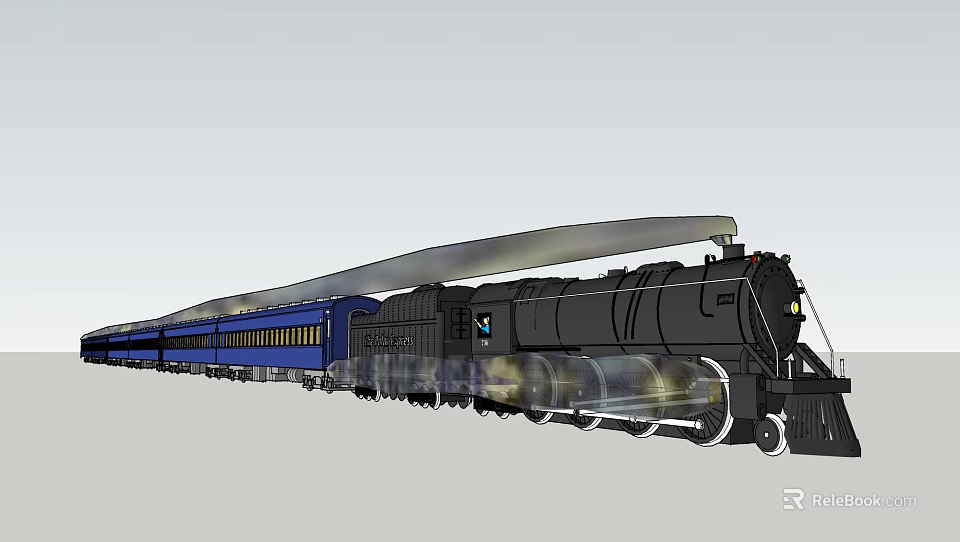 Vintage Black Steam Locomotive Train With Blue Passenger Cars On Railway Track 3d model 