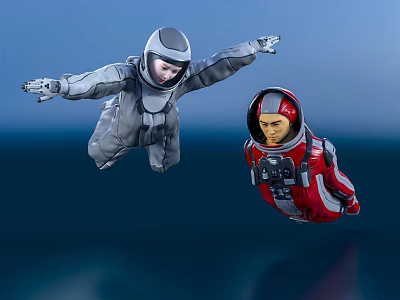 Two men in gray and red spacesuits flying with open arms in blue sky backdrop 3d model