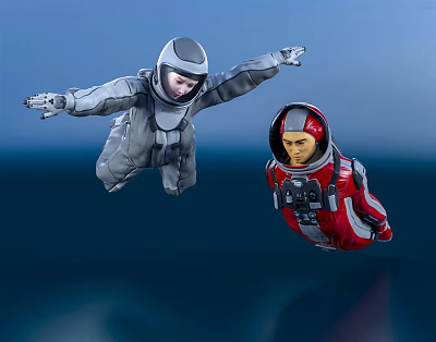Two men in gray and red spacesuits flying with open arms in blue sky backdrop 3d model Two men in gray and red spacesuits flying with open arms in blue sky backdrop 3d model