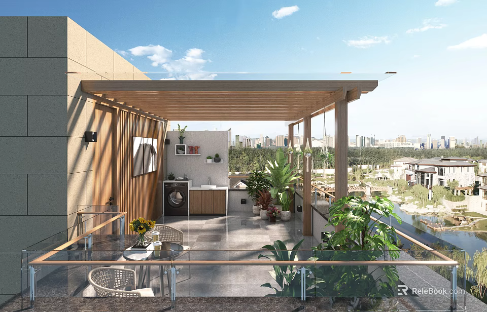 Villa Balcony With Wooden Pergola Outdoor Furniture Green Plants And City View 3d model 