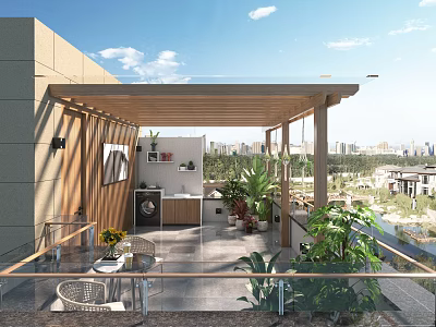Villa Balcony With Wooden Pergola Outdoor Furniture Green Plants And City View 3d model