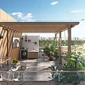 Villa Balcony With Wooden Pergola Outdoor Furniture Green Plants And City View