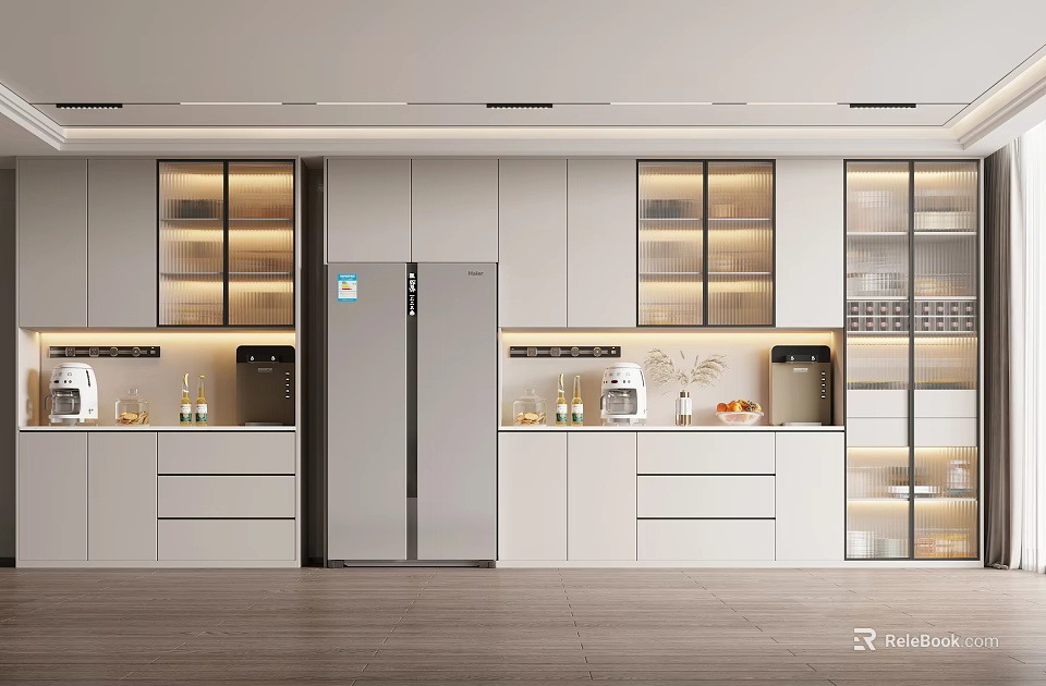 Modern Open Concept Kitchen Interior With Stylish Glass Door Wine Cabinet And Ambient Lighting 3d model 