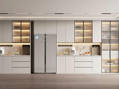 Modern Open Concept Kitchen Interior With Stylish Glass Door Wine Cabinet And Ambient Lighting 3d model