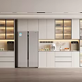 Modern Open Concept Kitchen Interior With Stylish Glass Door Wine Cabinet And Ambient Lighting