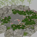 Rockery Stones Surrounding Pond With Lily Pads Lotus Flowers Koi Fish And Bamboo Plants