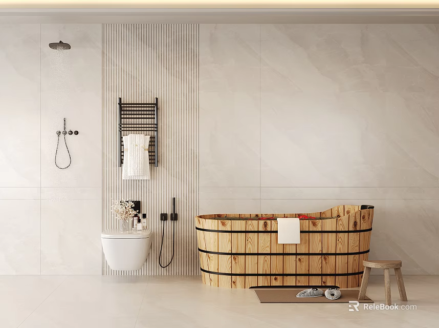 Modern Bathroom Interior With Wooden Bathtub Toilet Shower Fixture And Towel Rack 3d model 