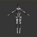 Futuristic Game Movie Character With Armored Suit Blue Silver Red Accents Standing Pose Shiny Surface