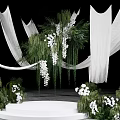 Wedding Stage Floral Installation With White Flowers Greenery And Flowing Fabric For Couple