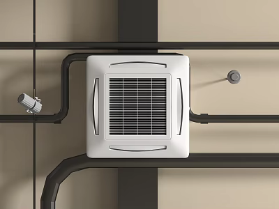 White Ceiling Air Conditioner Fan With Black Metal Pipes On Light Beige Wall 3d model