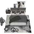 Modern Minimalist Double Bed With Gray Bedding Pillows And Bedside Tables 3d model