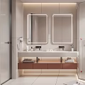 Modern Bathroom With Double Mirrored Cabinets Double Vanities White Countertops Wooden Drawers Shower Smart Toilet