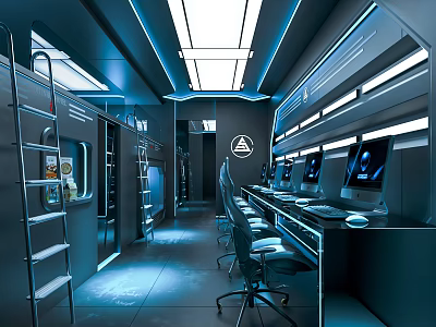 High Tech Hotel Room Interior With Blue Lighting Metal Furniture And Computer Desks 3d model