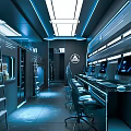 High Tech Hotel Room Interior With Blue Lighting Metal Furniture And Computer Desks