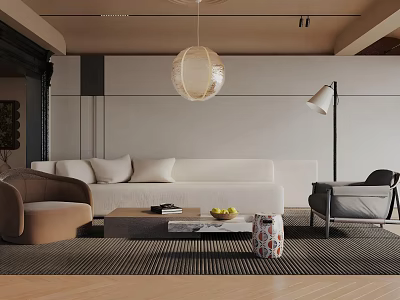 Modern Living Room Interior With White Sofa Brown Armchair Coffee Table Pendant Lamp And Floor Lamp 3d model