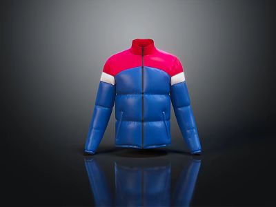 Red And Blue Puffer Jacket With White Stripes Stand Collar Zipper Design Winter Outerwear 3d model