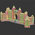 Luxury Hotel Building With Symmetrical Towers Arch Green Spires And Blue Decoration