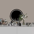 Elegant Perfumes And Cosmetics Display On White Vanity With Round Mirror And Flower Bouquet