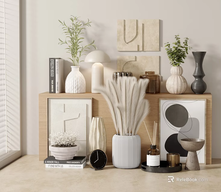 Modern Decorative Ornament Set For Home Interior With Vases Plants Art Prints Books And Clock 3d model 