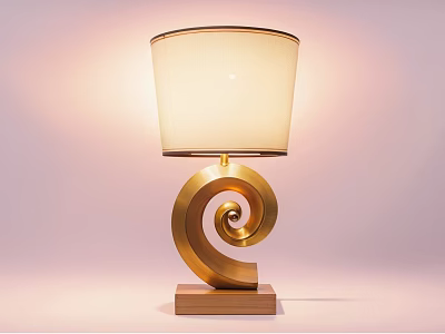 Elegant Modern Table Lamp with Gold Spiral Base and Wooden Stand White Shade 3d model