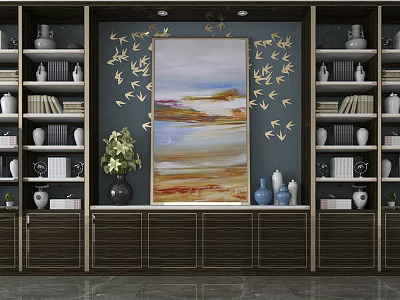 Dark Wood Bookcase Interior With Golden Bird Decorations Landscape Painting Vases And Green Plant 3d model