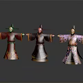 Three Traditional Chinese Opera Characters With Painted Faces Colorful Costumes Black Hats And Arms Outstretched
