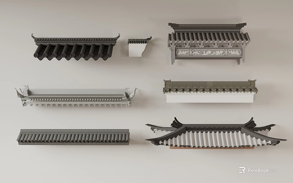 Traditional Chinese Architectural Components Featuring Roof Eaves Tiles And Carved Details 3d model 